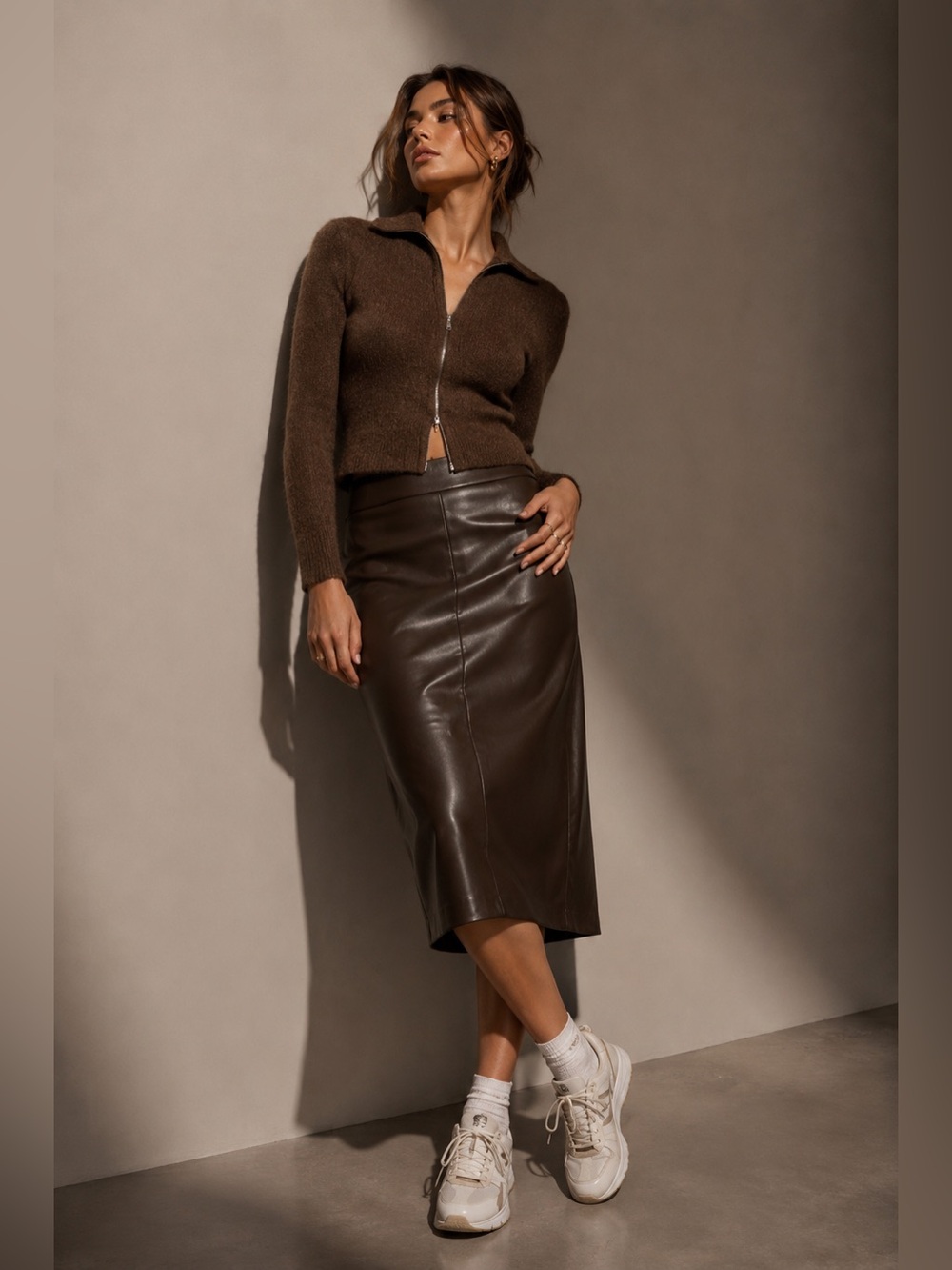 RW&CO Faux Leather Pencil Midi Skirt | Major Brown | Size 10 | NWT
